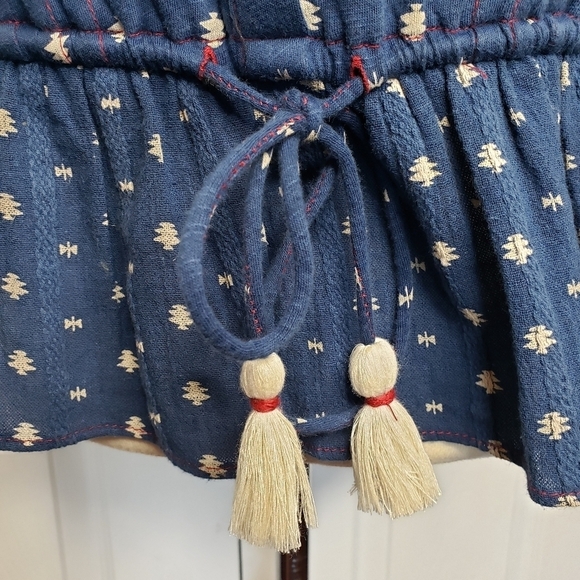 Lucky Brand Hoho Tie Waist Tassel Top Peblum Pintuck Prairie Southwest Print XS - Picture 10 of 15